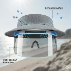 A graphic showing a hybrid design of a visor with a full brim, offering sun protection for the face while keeping the head cool.