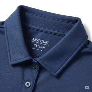 Detail shot of an anti-curl collar on a blue womens golf polo, emphasizing sophisticated design.
