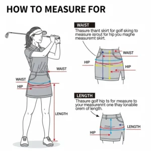 Visual guide illustrating how to measure for a womens golf skirt, showing key measurements like waist and length.
