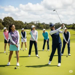 A diverse group of women golfers on the course, each wearing a different style and color of a comfortable womens golf vest.