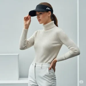 Woman wearing a fashionable womens golf visor as a chic accessory, illustrating its blend of sport and style.