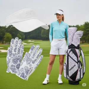 An image showcasing cute women's golf outfits accessories, including a stylish visor, a patterned glove, and a matching golf bag, complementing a complete golf outfit.