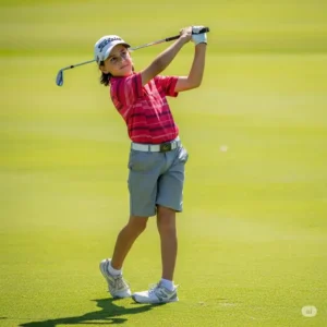 Action shot of a young left-handed golfer practicing their swing with appropriate youth clubs.