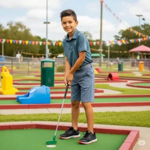 A boy enjoying a casual round of mini-golf, demonstrating the ultimate comfort and freedom of movement provided by boys golf shorts.