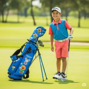 A young golfer enjoying a day on the golf course with their durable childrens golf bag by their side.