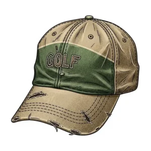 An illustration of a distressed vintage golf hat, highlighting its worn character and authentic, aged aesthetic.