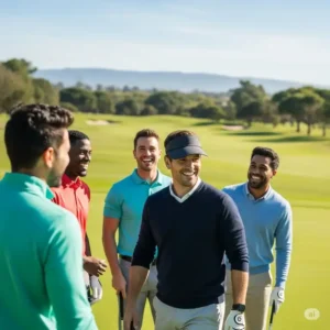Group of friends enjoying a round of golf, with one golfer wearing a comfortable mens golf visor.
