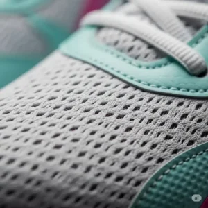 Close-up texture of breathable material on girls golf shoes, ensuring ventilation and comfort during warm weather play.