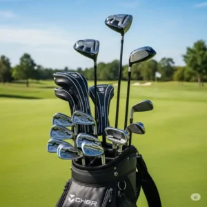 Golf bag filled with a complete golf club set for tall man, including woods, irons, and putter, all optimized for height.