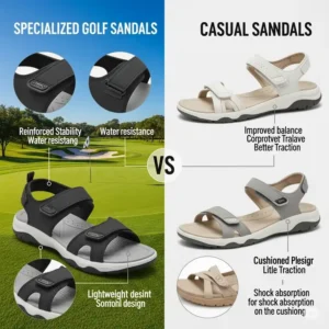 "Visual comparison illustrating the specialized design and features of golf sandals for women versus typical casual sandals."