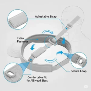 Diagram showing the adjustable closure system of a golf visor, ensuring a comfortable and secure fit for all head sizes.