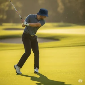 A male golfer in mid-swing, wearing a secure golf bucket hat mens that stays put during active play.