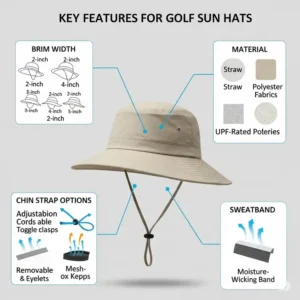 A diagram illustrating key features to consider when choosing a golf sun hat, such as brim width, material, and chin strap options.