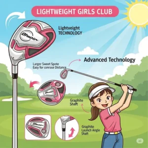 "An illustration showcasing the lightweight design and advanced technology in modern girls golf clubs, making them easy to swing and control for beginners."
