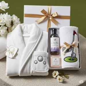 A luxurious spa gift set with a golf-themed towel, suggesting relaxing ladies golf presents for unwinding after a round.