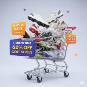 A virtual shopping cart filled with several pairs of ladies golf shoes from an online sale, encouraging purchases.