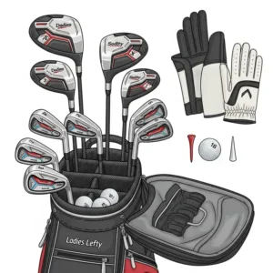 An illustration of a stylish golf bag filled with a complete selection of ladies lefty golf clubs, showcasing the organization and easy access for a left-handed player on the course.