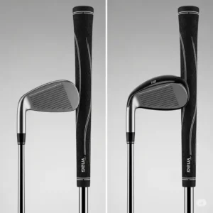 A subtle side-by-side comparison illustrating the key differences between a left-handed and a right-handed golf club from a set of left handed golf clubs.