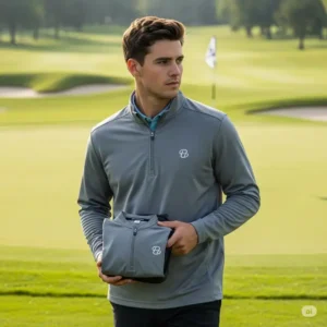 "Lightweight and packable mens golf quarter zip, perfect for travel and layering."