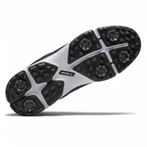 "Close-up illustration of the outsole of a mens wide golf shoe, detailing the innovative traction patterns for superior grip on various terrains."