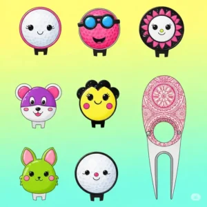 An illustration showcasing a set of unique and stylish golf ball markers and a divot tool, common small golf accessories for women that add personality to the game.