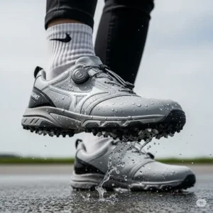 Waterproof best female golf shoes with water beading off the surface, ensuring dry feet in all weather.