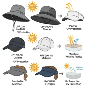 Graphic illustrating UV protection ratings on various women's golf hats, highlighting sun safety features.
