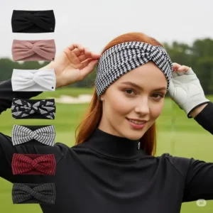 "Woman adjusting a stylish golf headband, showcasing alternative options for womens golf headwear."