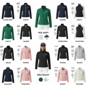 Collage or infographic displaying various style options for womens golf jackets, including different colors and fits.