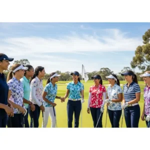 Diverse group of women of different body types happily wearing various womens golf polos on the course.