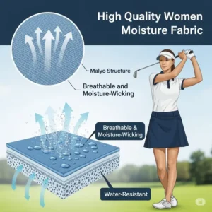 Graphic representing the breathable, moisture-wicking properties of a typical fabric used in a high-quality womens golf skirt.