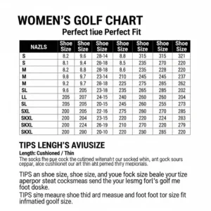 A size chart for womens golf socks, detailing the different sizes based on shoe size for a perfect fit.