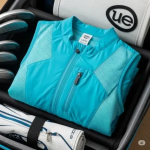A lightweight womens golf vest neatly folded, emphasizing its packability and ease of travel for golf trips.