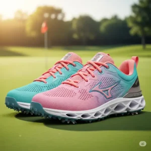 A detailed illustration of a pair of modern, athletic, and cute women's golf outfits shoes, designed for comfort and performance on the course.