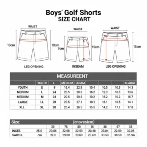 Comprehensive size chart and measurement guide for selecting the perfect pair of boys golf shorts.