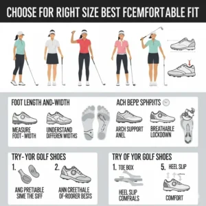 Infographic demonstrating key tips for choosing the right size and comfortable fit for best female golf shoes.