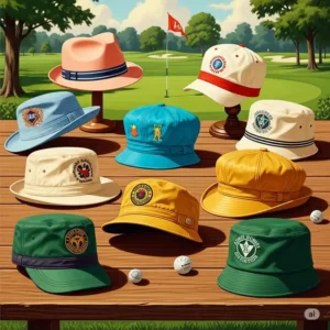 A vibrant illustration showcasing a set of colorful vintage golf hats, demonstrating the diverse range of styles and hues available.