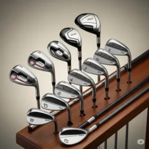 A diverse collection of left-handed golf clubs, including woods, hybrids, and wedges, arranged for display to highlight their unique features as part of a set of left handed golf clubs.