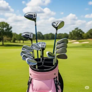 "A woman carefully examining the advanced features and construction of a ladies petite golf clubs, designed for optimal performance."