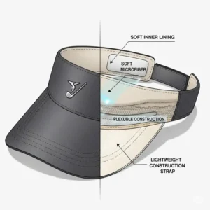 Illustration highlighting the various comfort features of a premium golf visor, including soft inner lining and lightweight construction.
