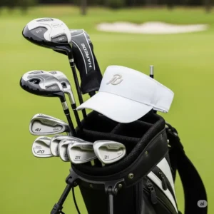 A classic mens golf visor resting on a golf bag next to golf clubs, ready for the next game.
