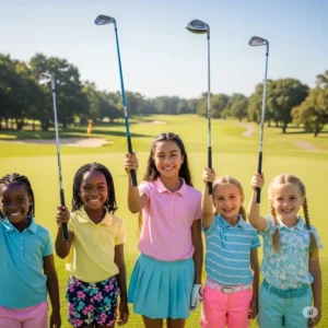 "A group of diverse young girls smiling and holding their girls golf clubs on a sunny golf course, enjoying the sport together."