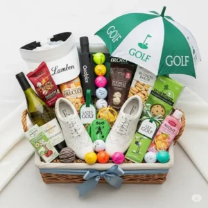 A beautifully arranged gift basket filled with a variety of golf-related items and treats, showcasing diverse ladies golf presents.
