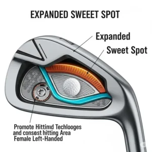 A close-up illustration of the clubface of a ladies lefty iron, highlighting the expanded sweet spot designed to enhance forgiveness and consistent ball striking for left-handed golfers.
