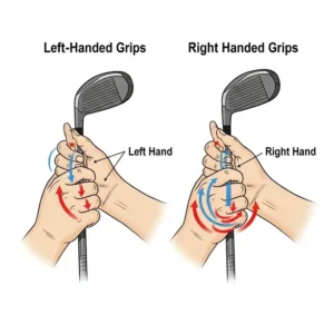 Diagram illustrating the correct left-handed golf grip for young players compared to a right-handed grip.