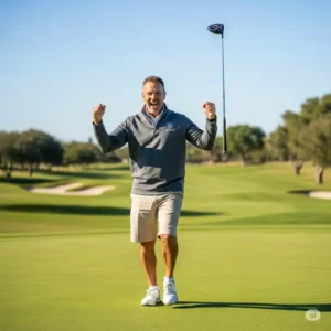 "Happy golfer celebrating a great shot, wearing a comfortable mens golf quarter zip."
