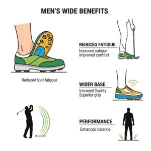 "Iconographic representation of the key benefits of mens wide golf shoes, such as reduced foot fatigue, increased stability, and improved performance."