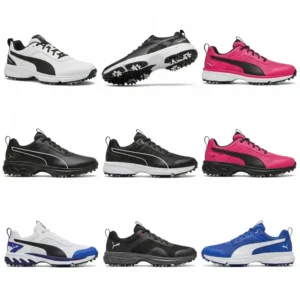 A selection of fashionable Puma women's golf shoes in various colors and designs, perfect for on-course style.