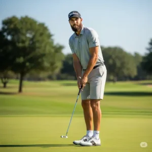 Tall man on the green, putting with a golf club from a golf club set for tall man specifically designed for his stature, demonstrating comfortable and accurate putting.