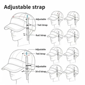 "Diagram illustrating adjustable straps and various sizes, emphasizing the customizable fit of womens golf headwear."